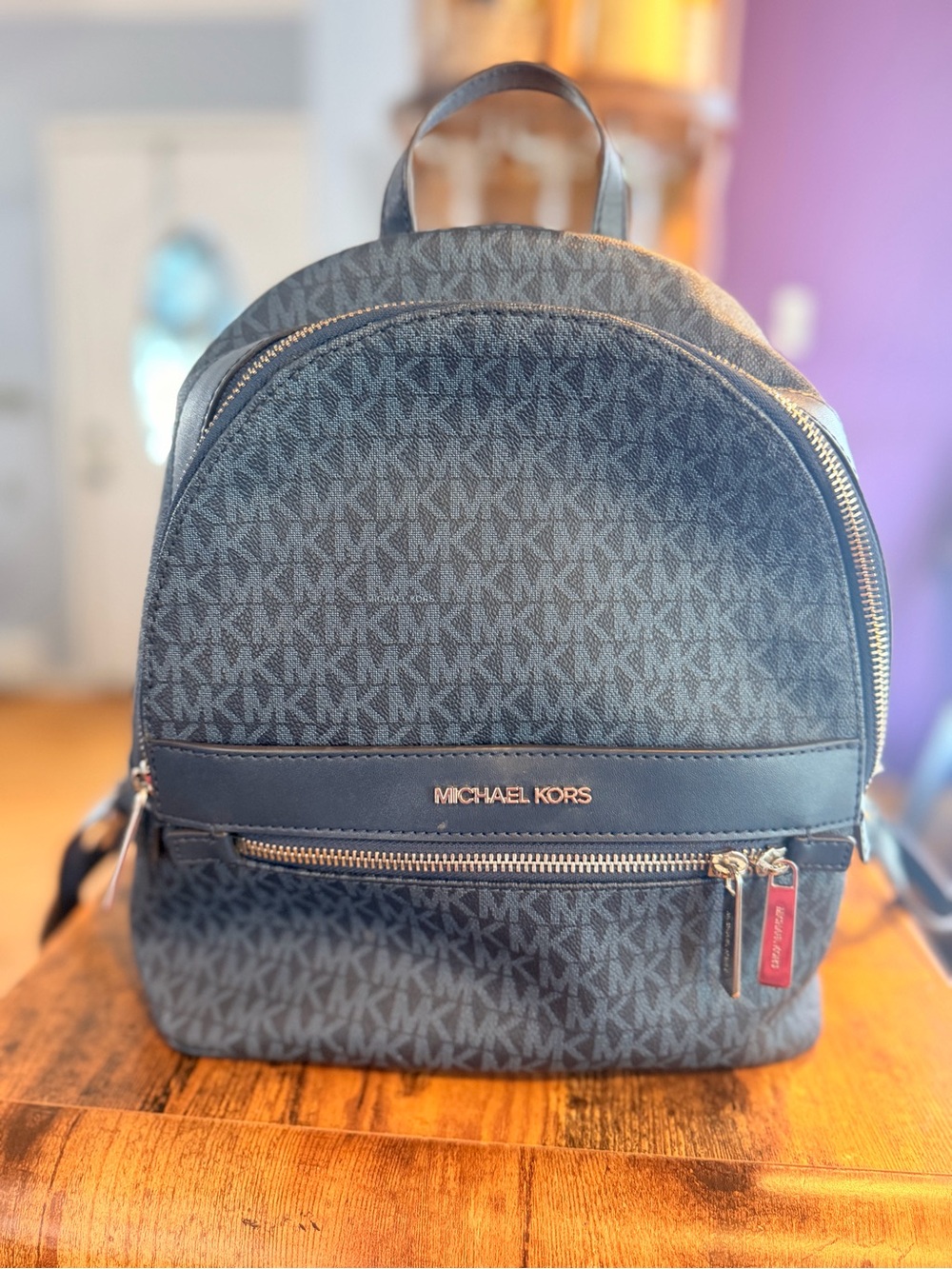 Michael Kors Navy Signature Logo Backpack with Gold Hardware